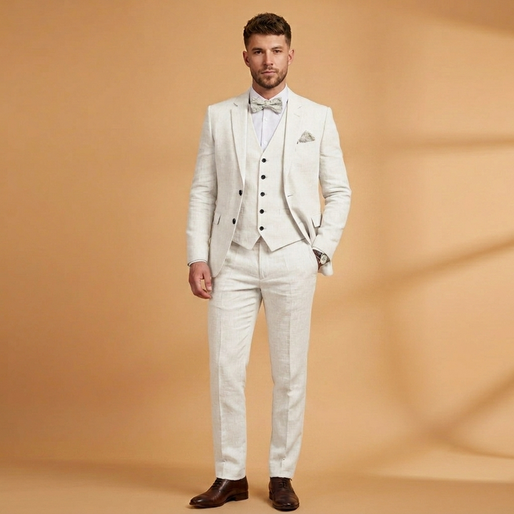 Detalhe do tecido de linho natural do fato masculino, mostrando a textura e qualidade para um look formal de verão.