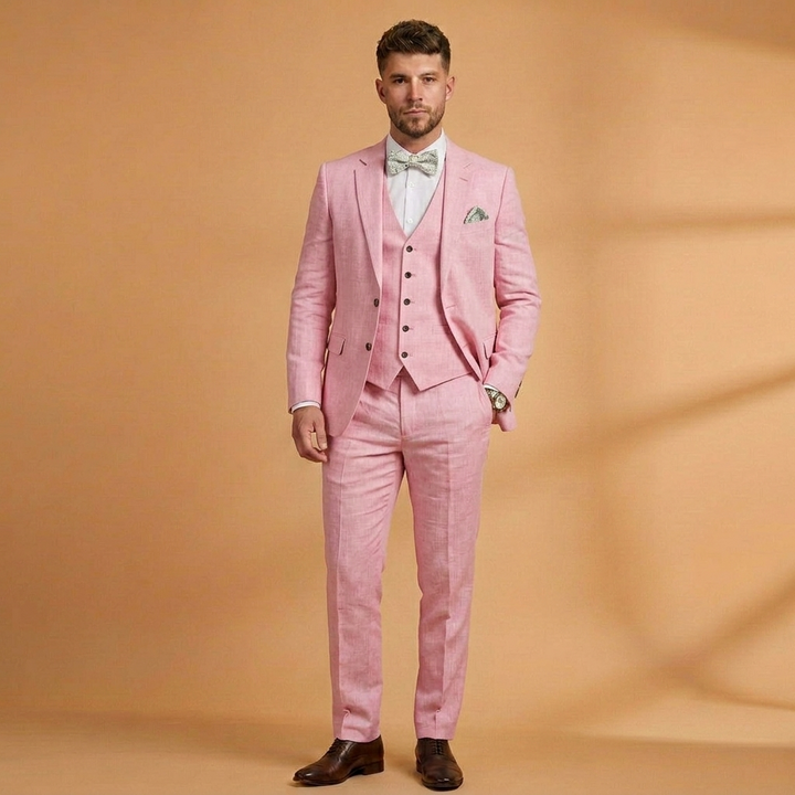 Conjunto de fato de linho de 3 peças para homem, versátil e elegante para casamentos, cerimónias ou eventos formais.
