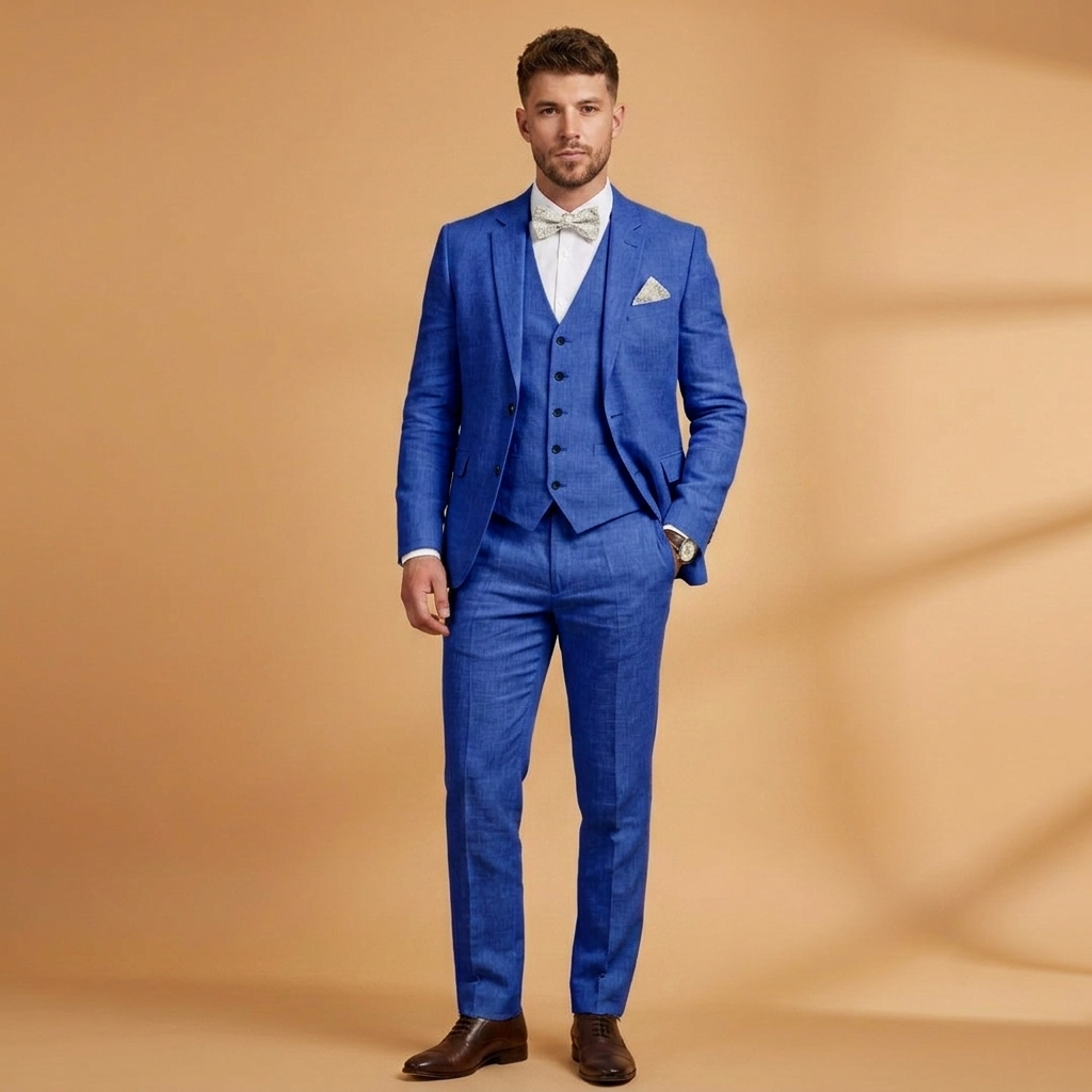 Conjunto completo de fato masculino de 3 peças em linho: blazer, colete e calças. Ideal para eventos formais de verão.
