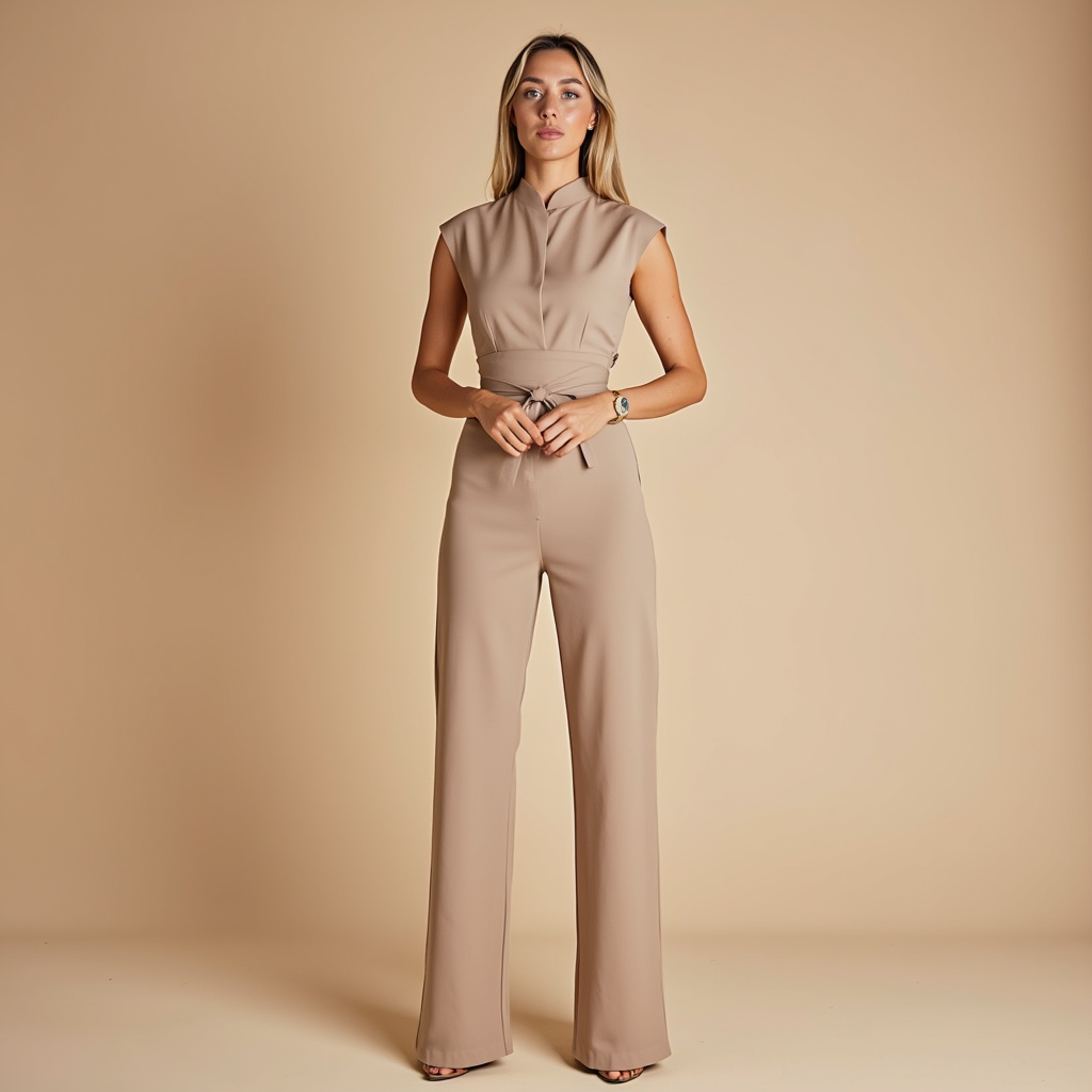 Macacão feminino caqui sem mangas, elegante e versátil, para looks de verão casuais ou de festa.
