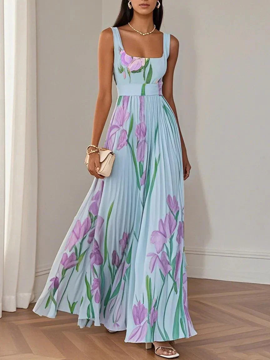 Vestido feminino longo floral para festa ou cerimônia. Design plissado romântico, perfeito para o verão.