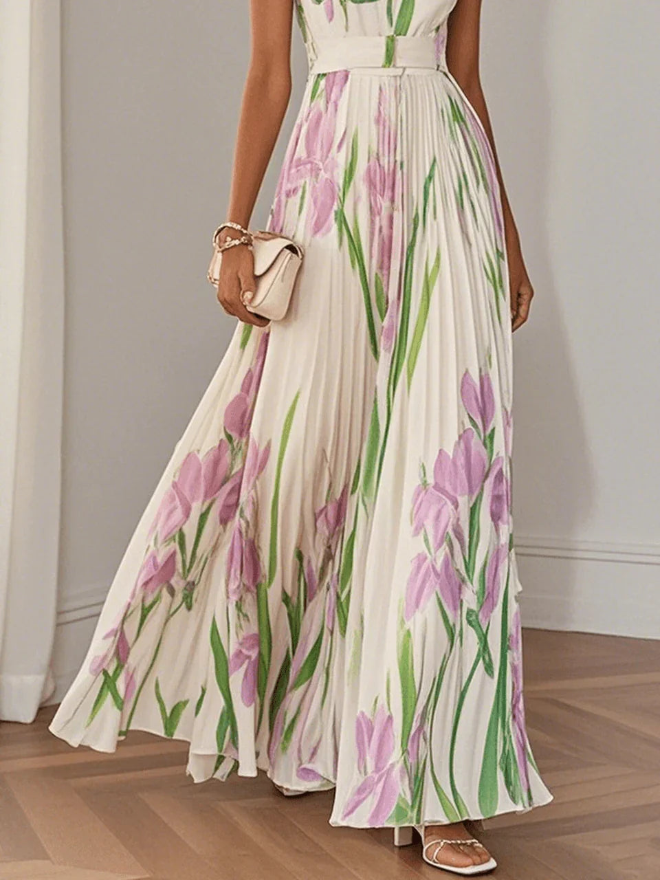 Lindo vestido longo floral plissado, feminino e elegante. Perfeito para festas de verão e estilo chic romântico.