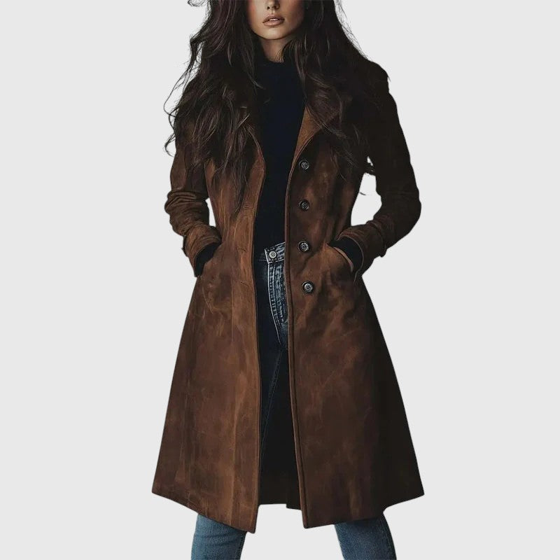 Casaco feminino longo marrom elegante, ideal para o inverno e outono. Agasalho sofisticado para moda casual feminina.