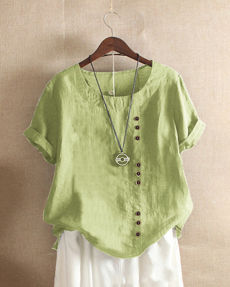 Blusa feminina simples de manga curta, gola redonda. Conforto e versatilidade para a moda feminina de verão.