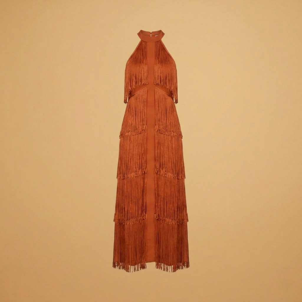 Vestido de festa feminino comprido com franjas e decote halter, ideal para eventos noturnos elegantes.