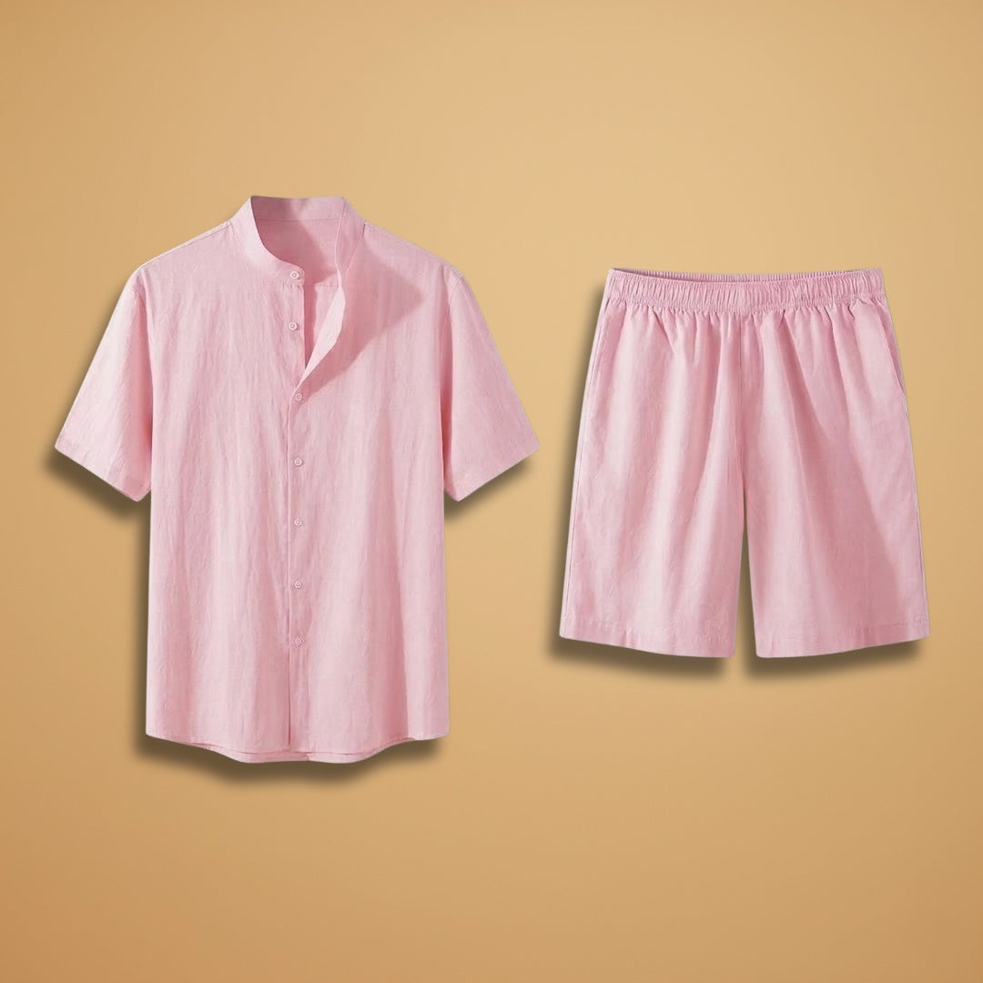 Conjunto masculino de verão: camisa manga curta e shorts. Ideal para look casual, confortável e descontraído.