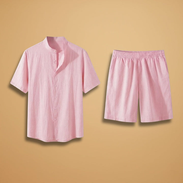 Conjunto masculino de verão: camisa manga curta e shorts. Ideal para look casual, confortável e descontraído.