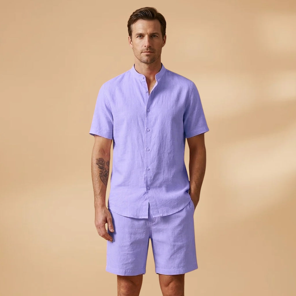 Roupa de verão masculina: camisa manga curta e shorts. Conjunto confortável e estiloso para homem, cintura elástica.