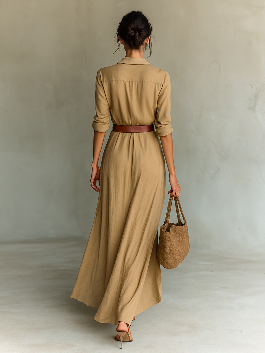 Vestido feminino longo chic, com lapela e cinto, perfeito para um estilo elegante e casual.
