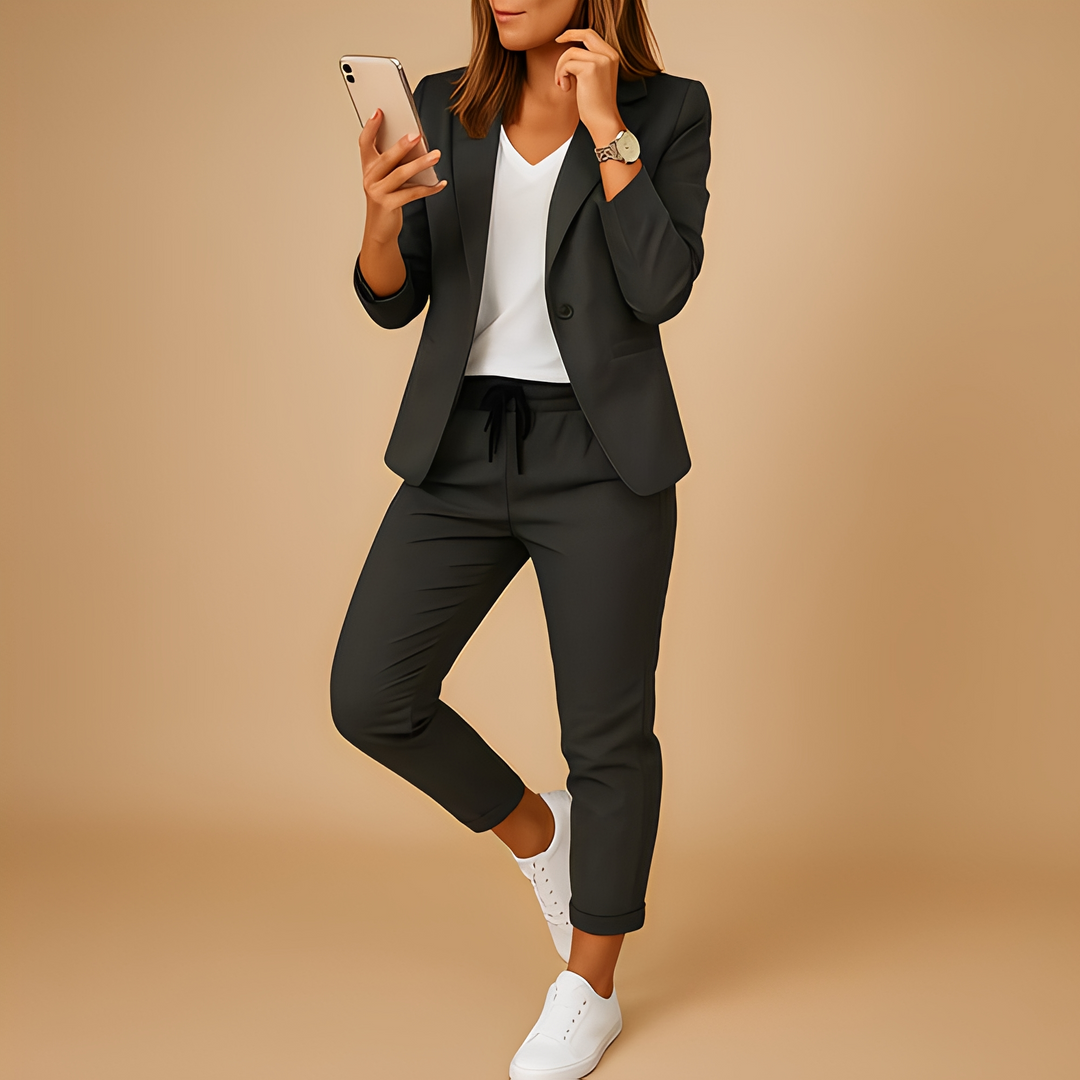 Conjunto feminino social em cor neutra: blazer e calças. Ideal para um look profissional versátil e elegante no trabalho.