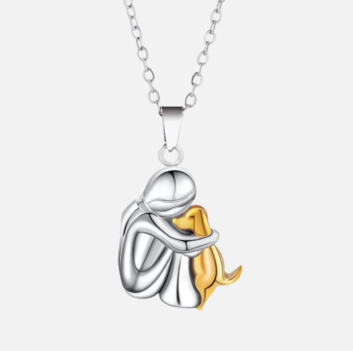 Colar de abraço dourado com pingente pet, joia ajustável feminino e masculino. Presente elegante para amantes de animais.