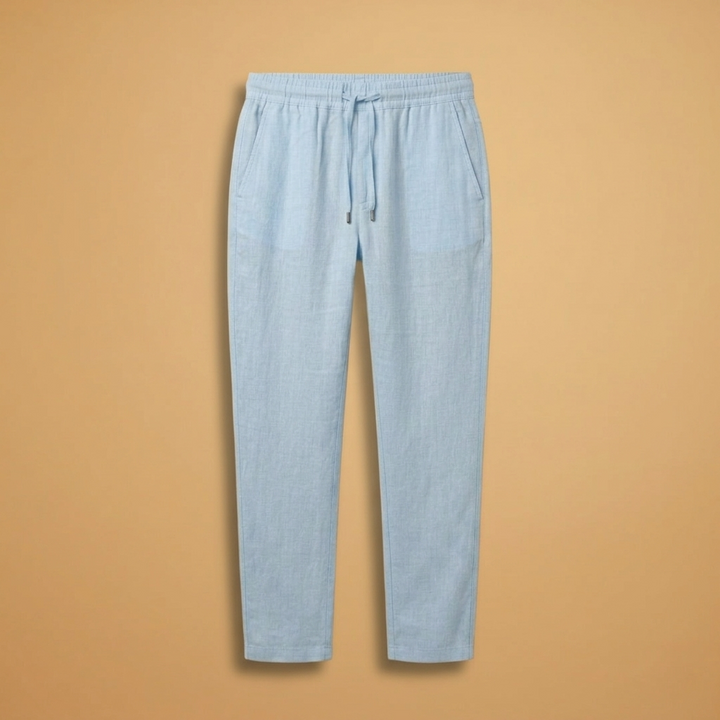Calças de linho masculinas de perna reta, cintura elástica cinza. Confortáveis e respiráveis para um verão casual e moderno.