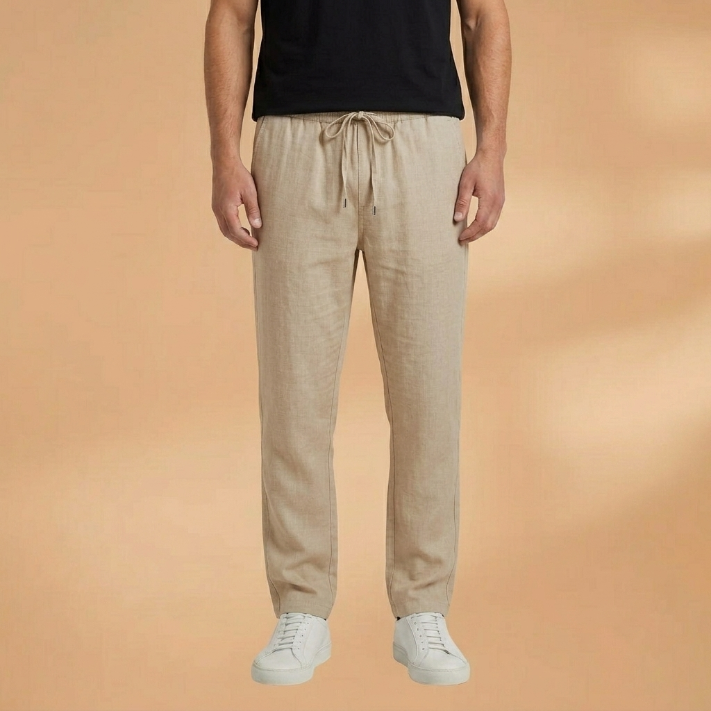 Calças de linho masculinas perna reta azul marinho, cintura elástica. Elegância, conforto e casualidade para o verão.