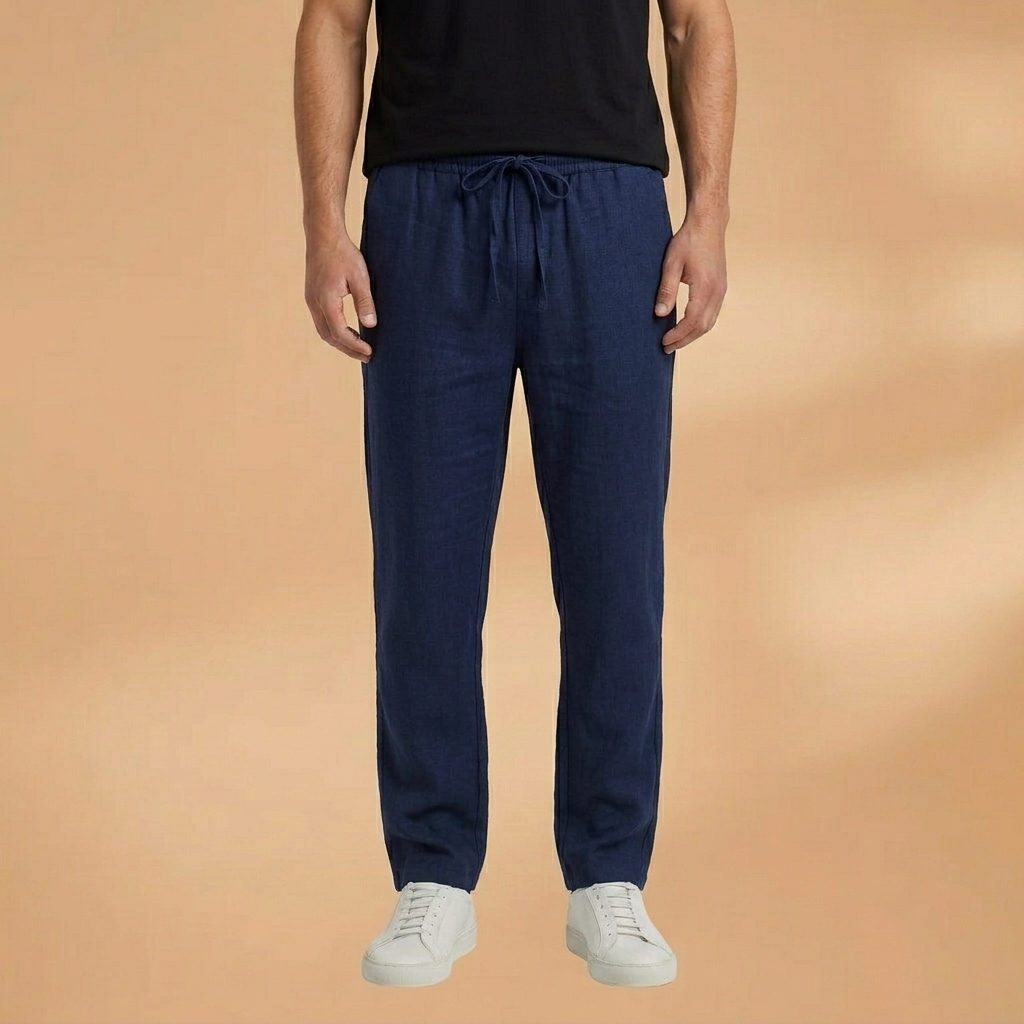 Confortáveis calças de linho masculinas perna reta, com cintura elástica, ideais para um verão casual e respirável.