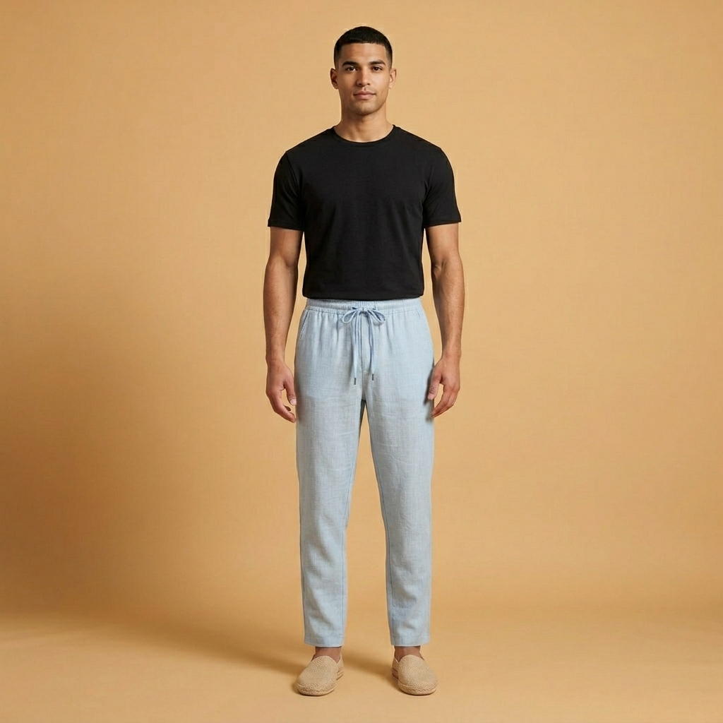Detalhe da cintura elástica das calças de linho masculinas, ajuste perfeito e conforto. Roupa homem, linho respirável.