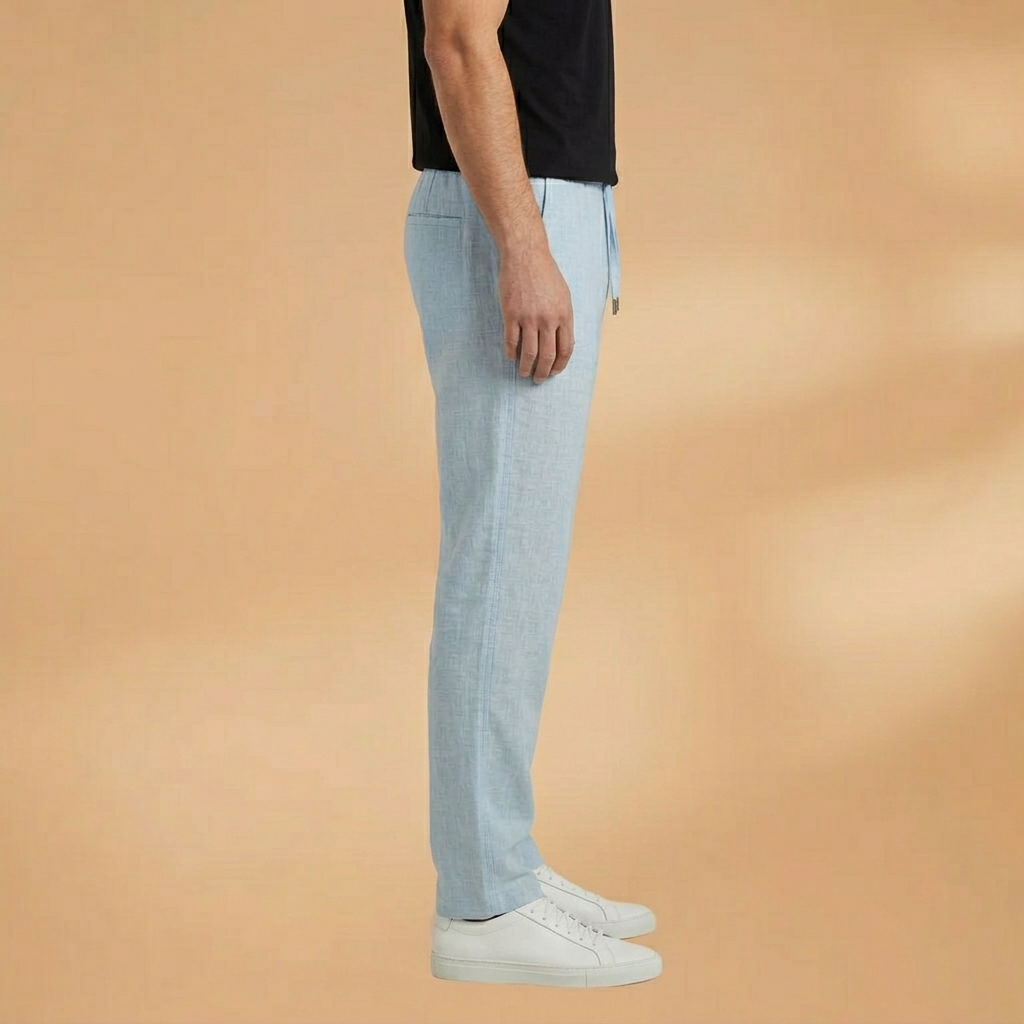 Calças de linho masculinas perna reta em vista lateral, look casual, respirável e confortável para o verão. Roupa homem.