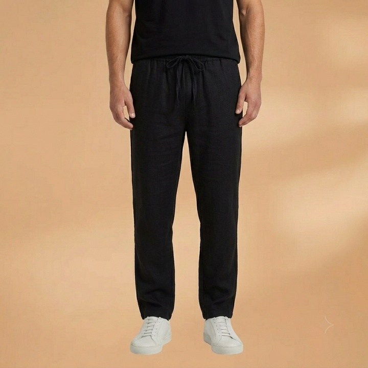 Calças de linho masculinas perna reta dobradas, prontas para o verão. Linho respirável, estilo moderno e casual.
