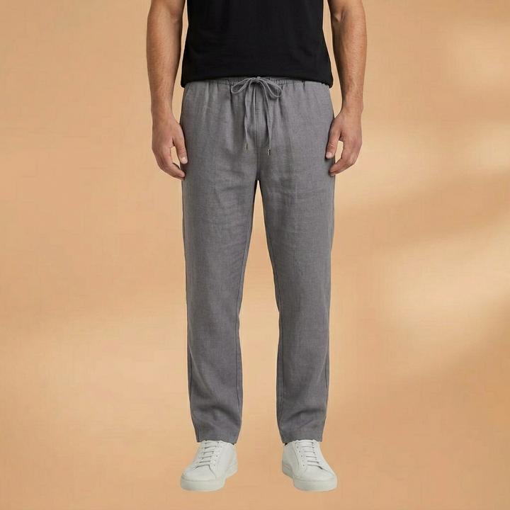 Calças de linho masculinas perna reta em ambiente externo, look de verão casual, confortável e respirável.