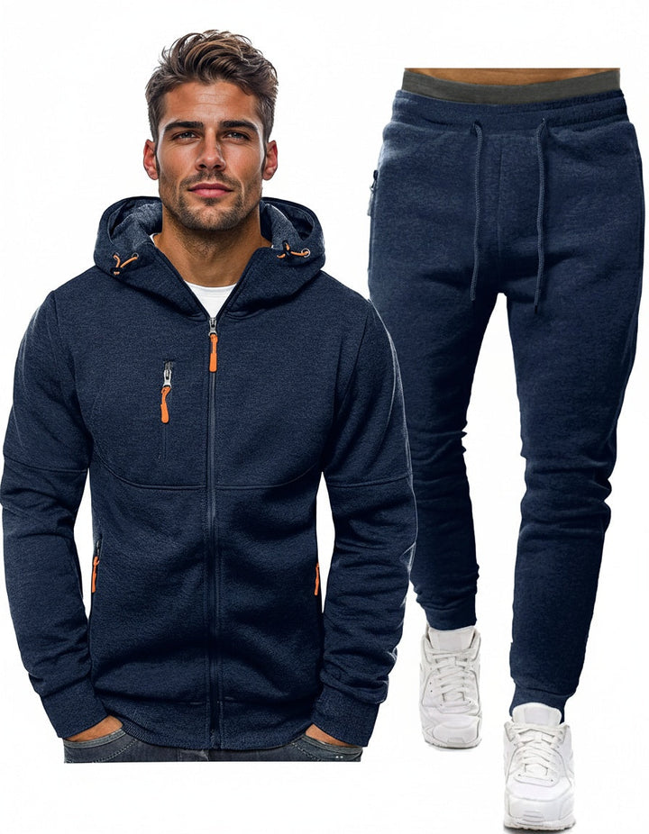 Fato de treino masculino com capuz e calças slim, ideal para desporto e momentos de lazer.