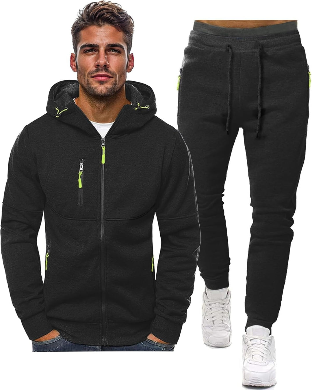 Conjunto desportivo masculino completo: fato de treino com capuz e calças slim para homem.