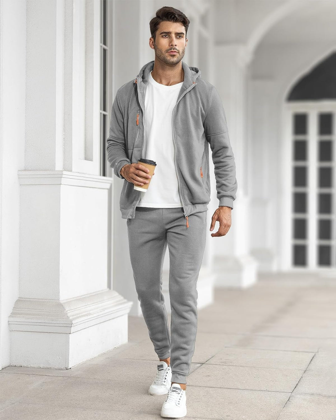 Fato de treino masculino, conjunto desportivo casual com capuz e calças slim fit.