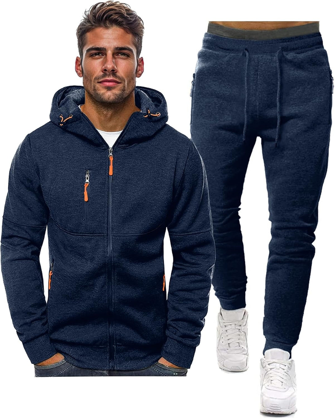 Conjunto de fato de treino masculino confortável com capuz e calças slim, perfeito para uso casual.