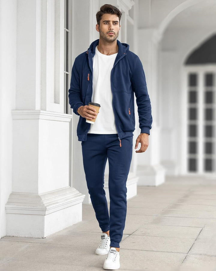Fato de treino masculino com capuz e calças slim, perfeito para sessões de treino e lazer.