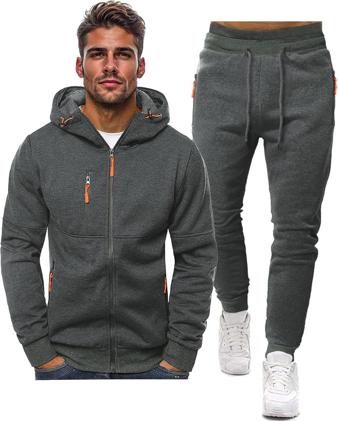 Conjunto desportivo masculino: fato de treino com camisola de capuz e calças slim fit.