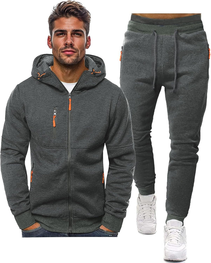 Conjunto desportivo masculino: fato de treino com camisola de capuz e calças slim fit.