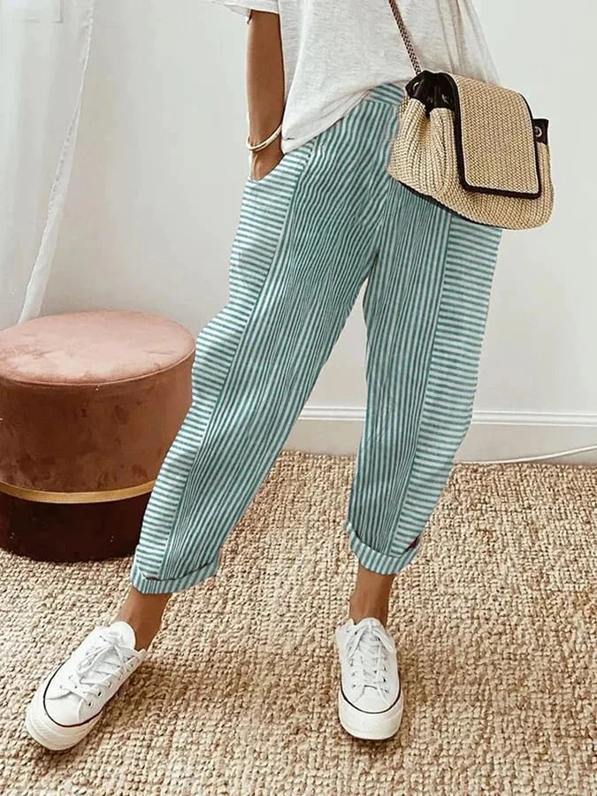 Calças femininas listradas Kae, super confortáveis. Moda casual versátil para um verão elegante.