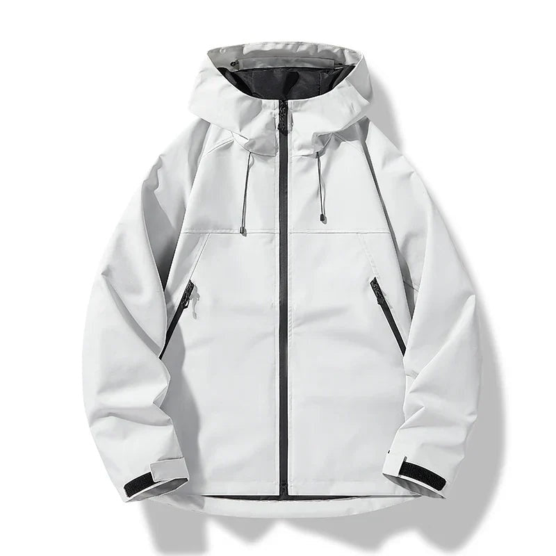 Casaco masculino impermeável corta-vento com capuz. Ideal para esportes ao ar livre, funcional para outono/inverno.