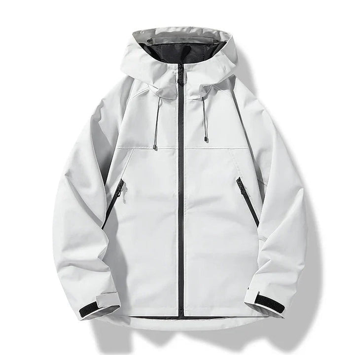 Casaco masculino impermeável corta-vento com capuz. Ideal para esportes ao ar livre, funcional para outono/inverno.