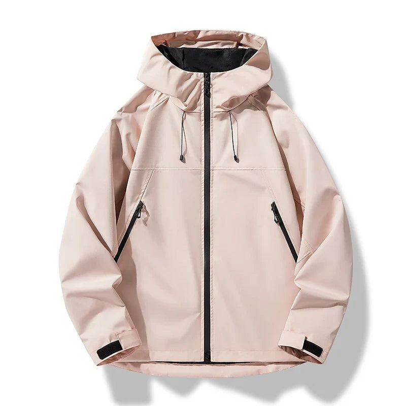 Vista traseira do casaco impermeável masculino corta-vento, design ergonômico. Perfeito para esportes e uso diário no frio.