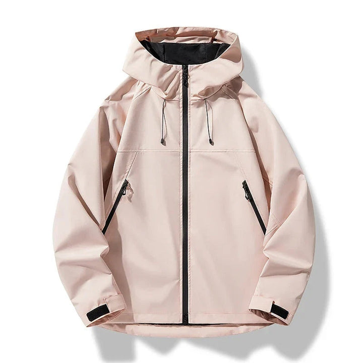Vista traseira do casaco impermeável masculino corta-vento, design ergonômico. Perfeito para esportes e uso diário no frio.