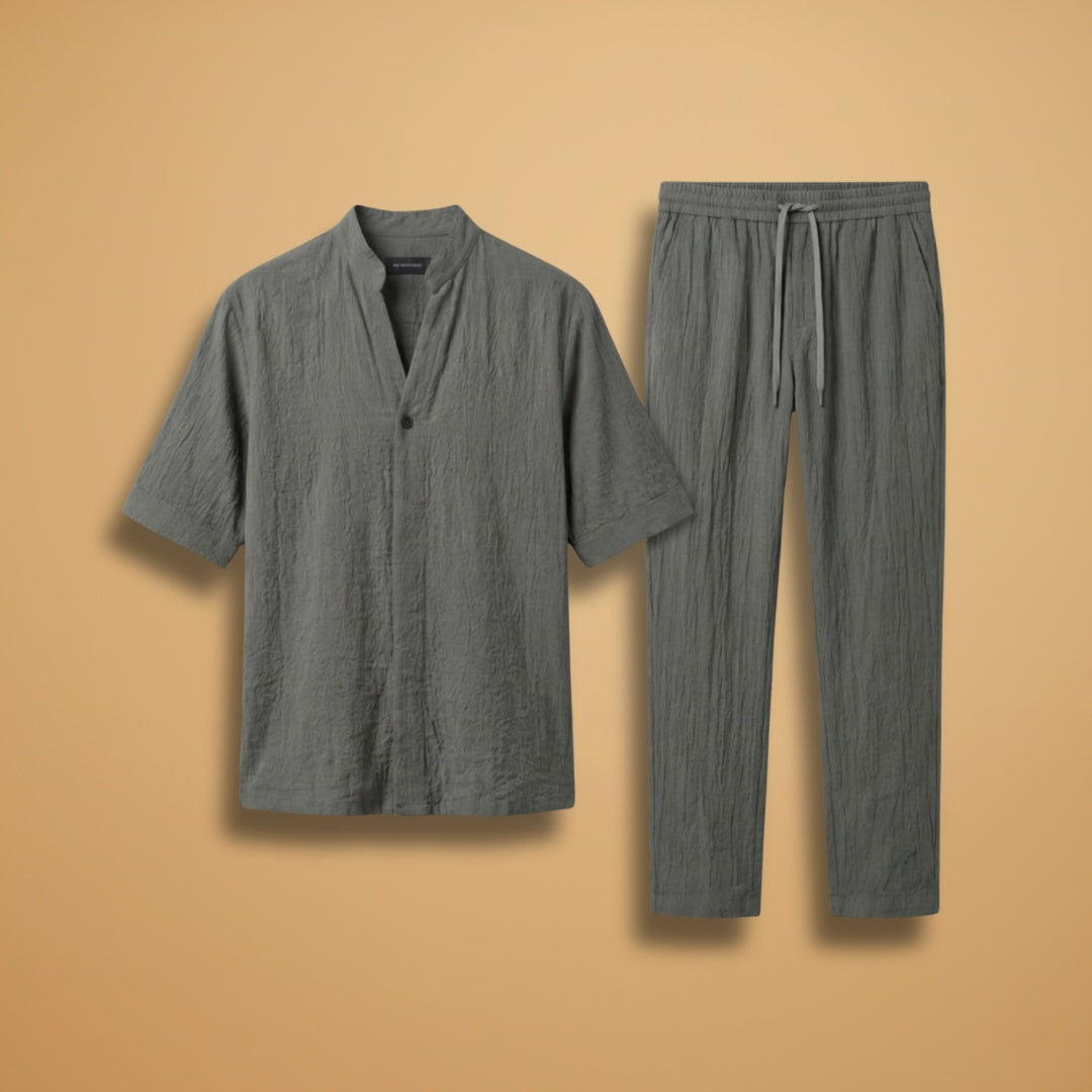 Conjunto de linho masculino de manga curta para verão casual, ideal para conforto e estilo.