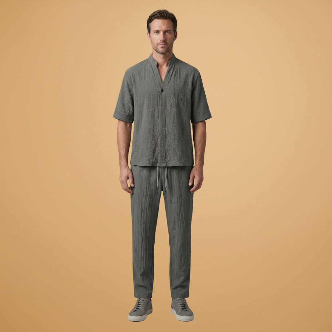 Roupa masculina: Conjunto de linho de manga curta para homem, perfeito para praia e casual no verão.