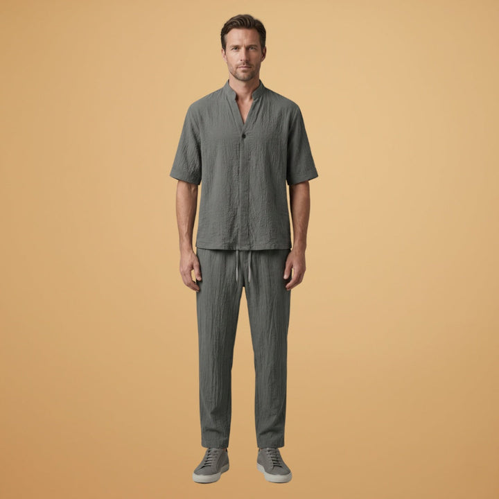 Roupa masculina: Conjunto de linho de manga curta para homem, perfeito para praia e casual no verão.