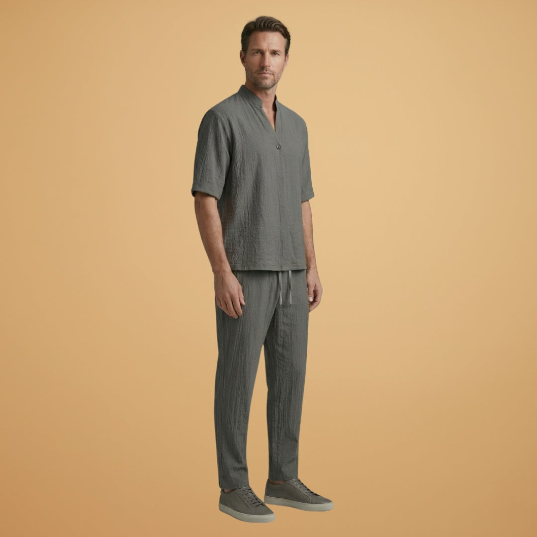 Conjunto de linho respirável para homem, manga curta, ideal para o estilo casual e dias de verão.