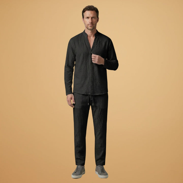 Confortável conjunto de linho masculino de manga curta, perfeito para o verão, casualidade e estilo.