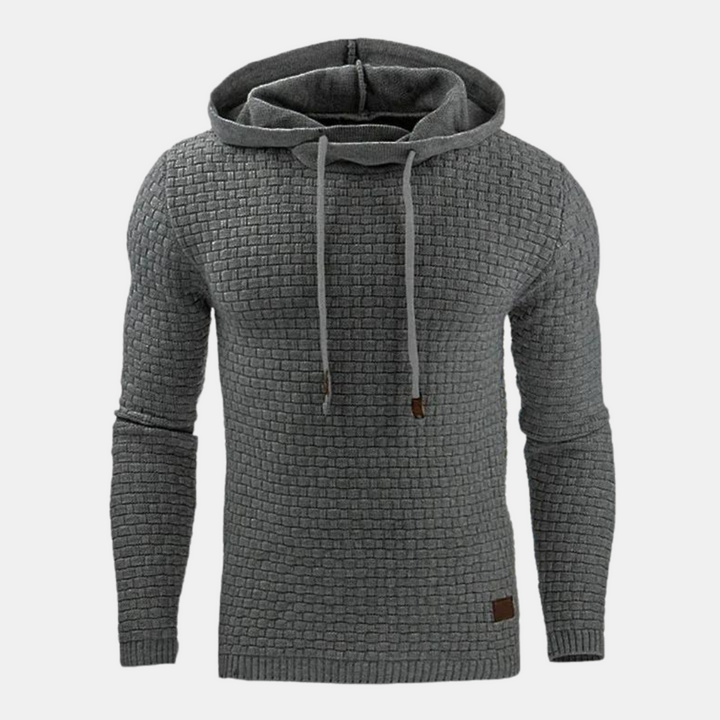 Hoodie masculino com capuz ajustável e textura padrão. Conforto e estilo casual para outono/inverno.