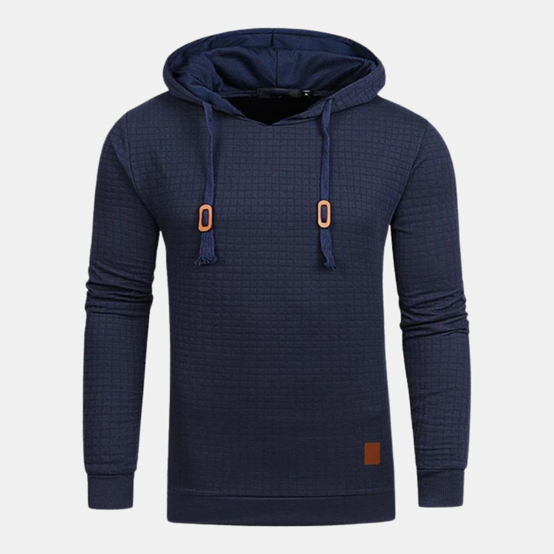 Moletom masculino de textura padrão e capuz ajustável. Peça essencial para o estilo casual de inverno.