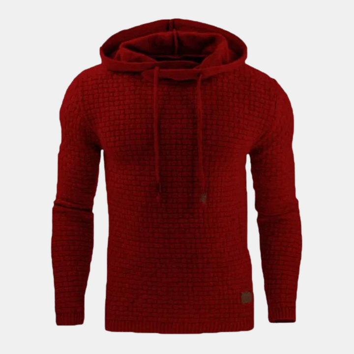 Hoodie masculino casual com capuz e textura padrão. Versátil para outono, inverno e moda masculina.