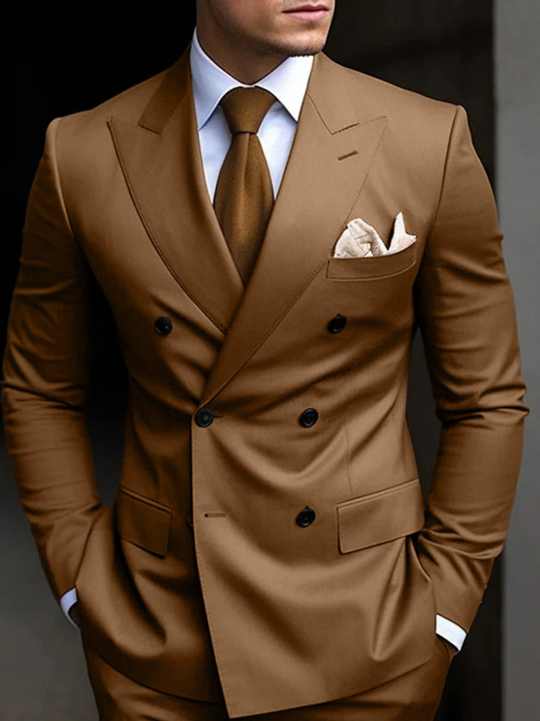 Elegante smoking masculino de duplo abotoamento, lapela bico, moda formal para eventos de luxo.