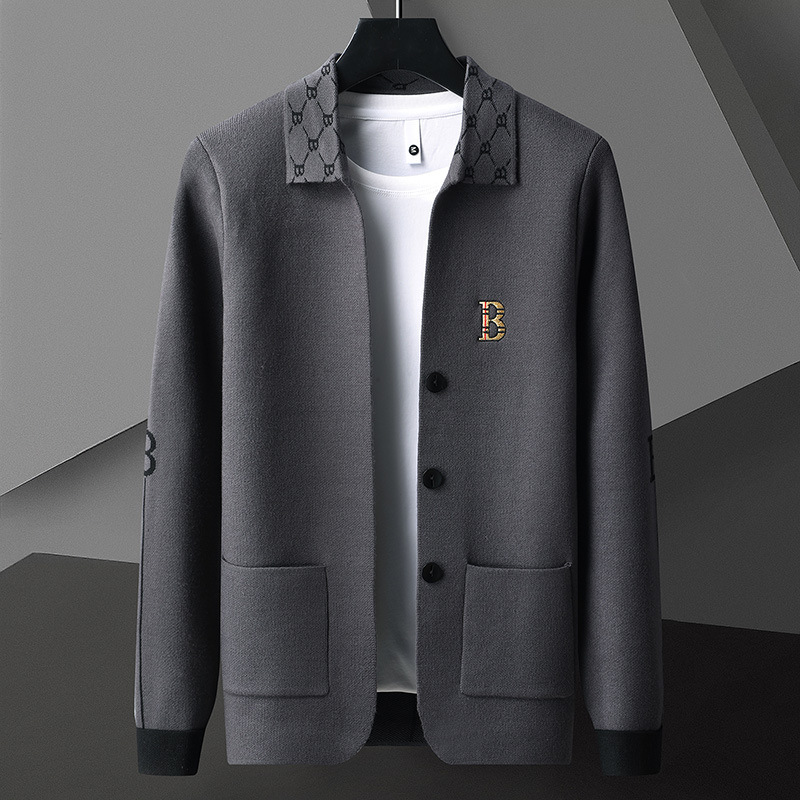 Cardigan masculino com gola polo estampada e botões, um vestuário estiloso e confortável para moda casual.