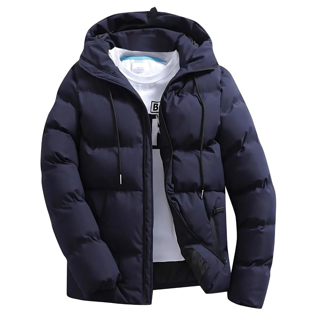Parka masculina acolchoada com capuz ajustável, ideal para proteção no inverno e estilo urbano.