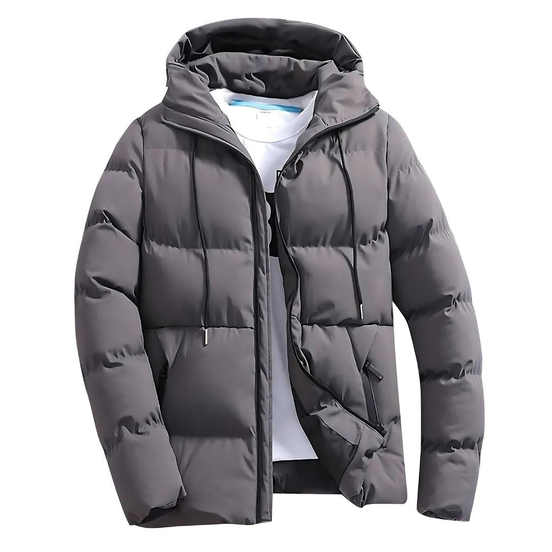 Agasalho parka masculina de inverno, acolchoado e com capuz, oferece proteção contra o frio e estilo desportivo.