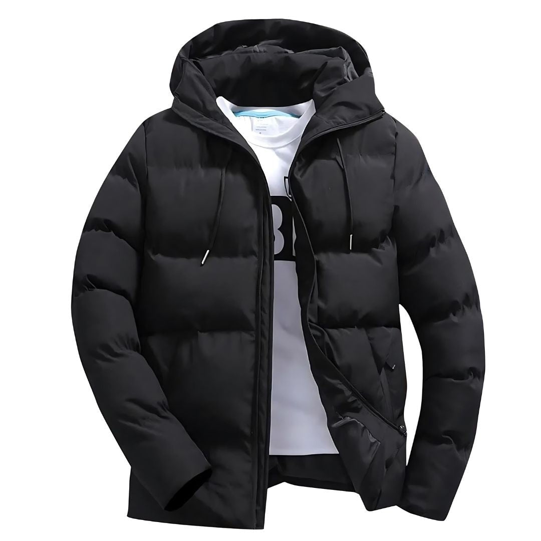 Parka masculina acolchoada com capuz ajustável, design moderno para homem, agasalho essencial no inverno rigoroso.