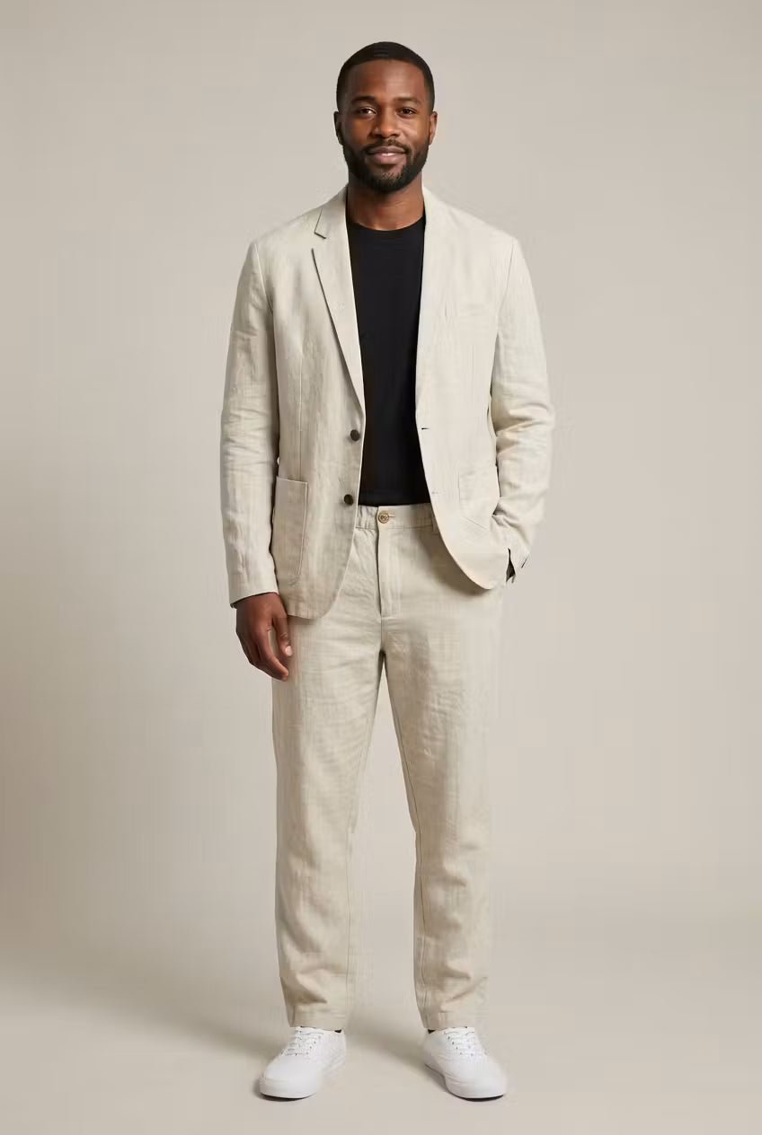 Conjunto de linho masculino com jaqueta e calças de ajuste relaxado, ideal para verão casual elegante.