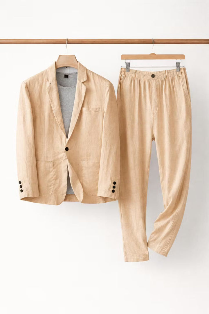 Roupa de verão: Conjunto de linho masculino em duas peças, jaqueta e calças, conforto e estilo atemporal.