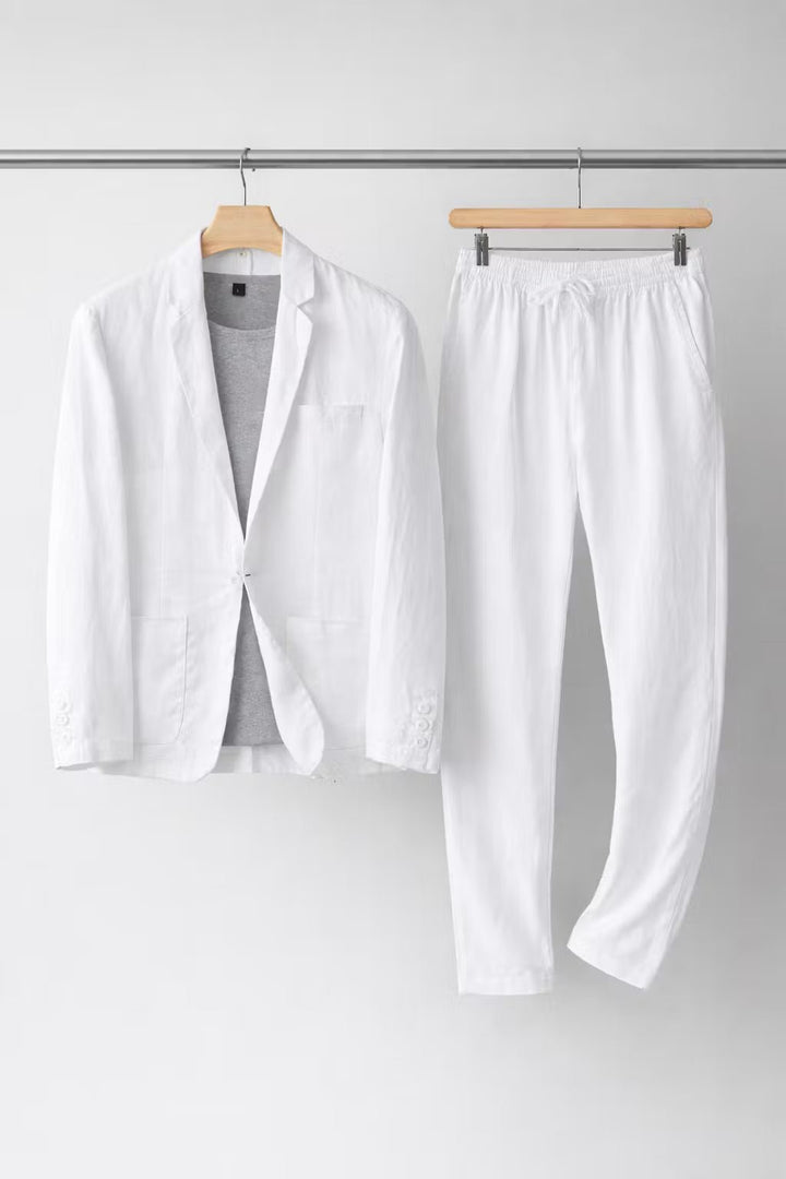 Conjunto de linho para homem com jaqueta e calças, ideal para um visual casual elegante e ocasiões especiais.